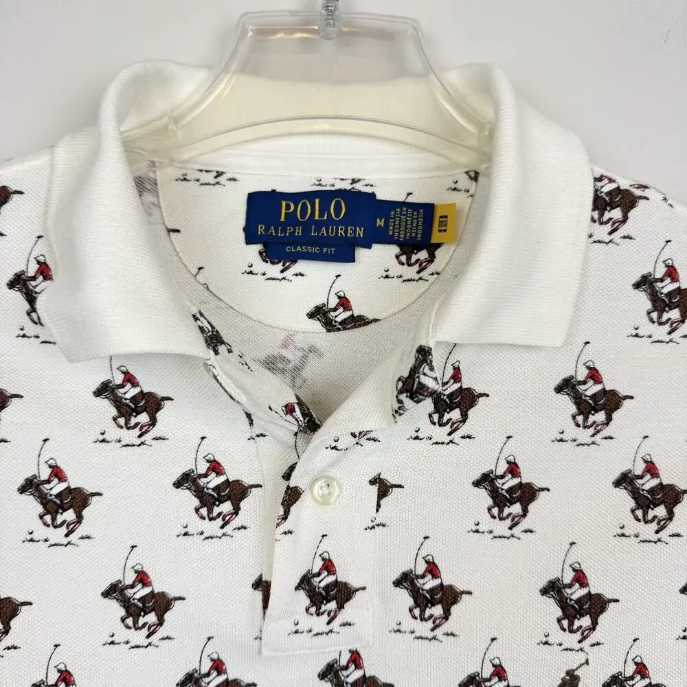 Polo Ralph Lauren Classic Fit Equestrian Mesh Polo Shirt Men’s M Ivory All Over